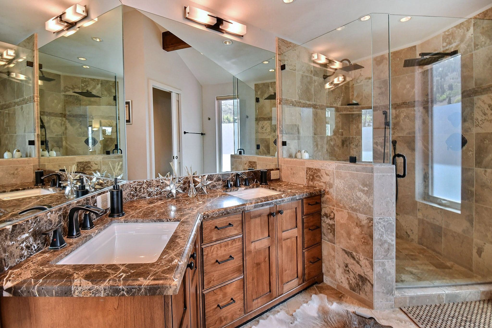 Two Sinks, Marble Walk-in Shower, Large Mirrors