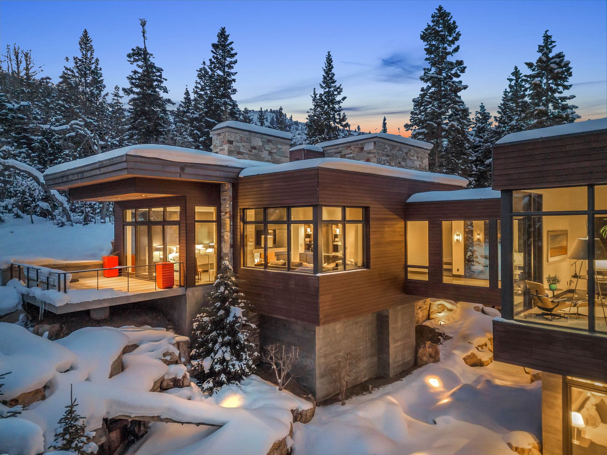 A White Pine Canyon Ranch luxury Park City vacation rental nestled in a winter wonderland.