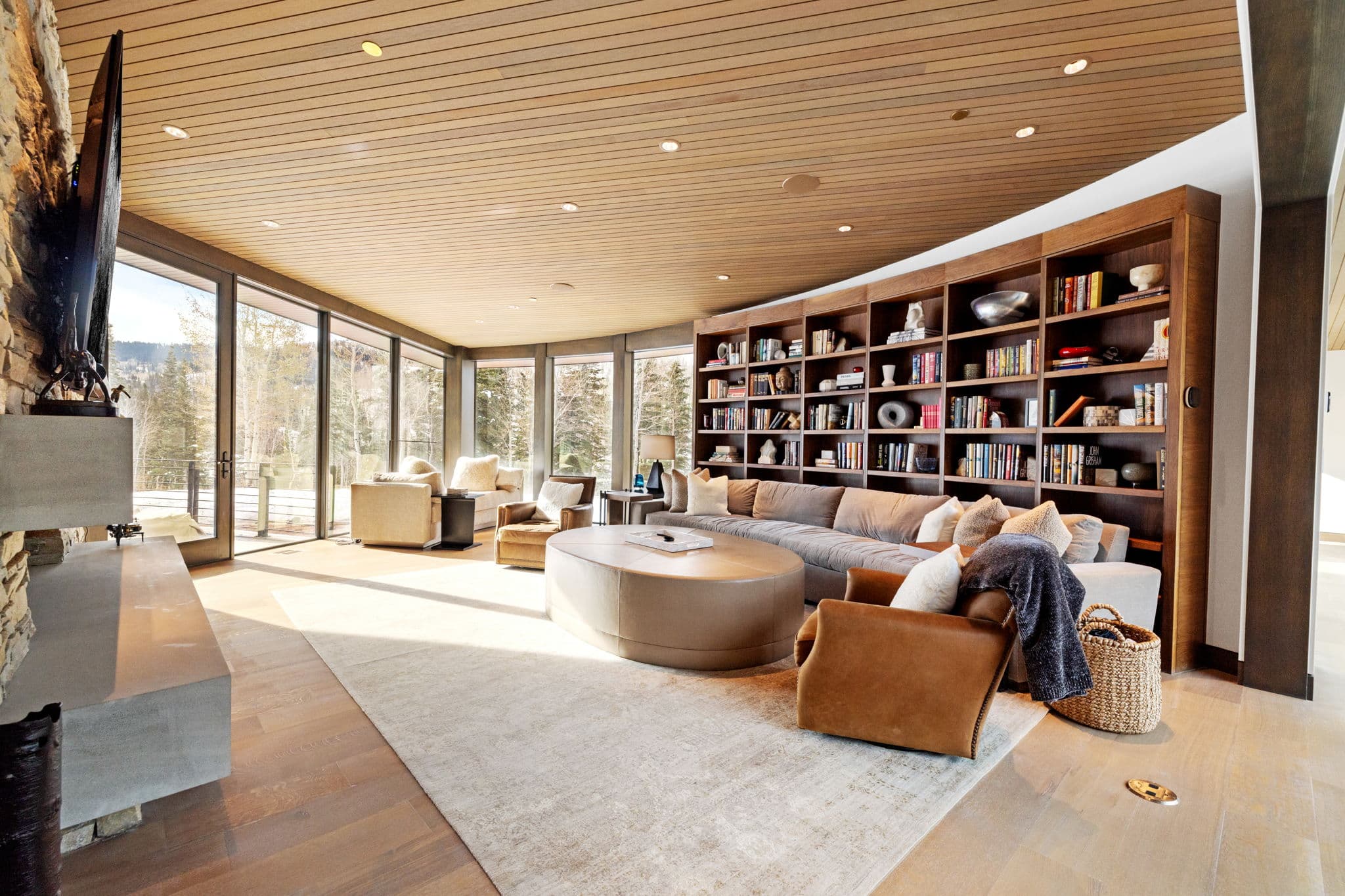 A large living area with a book case, sofas, and a coffee table.