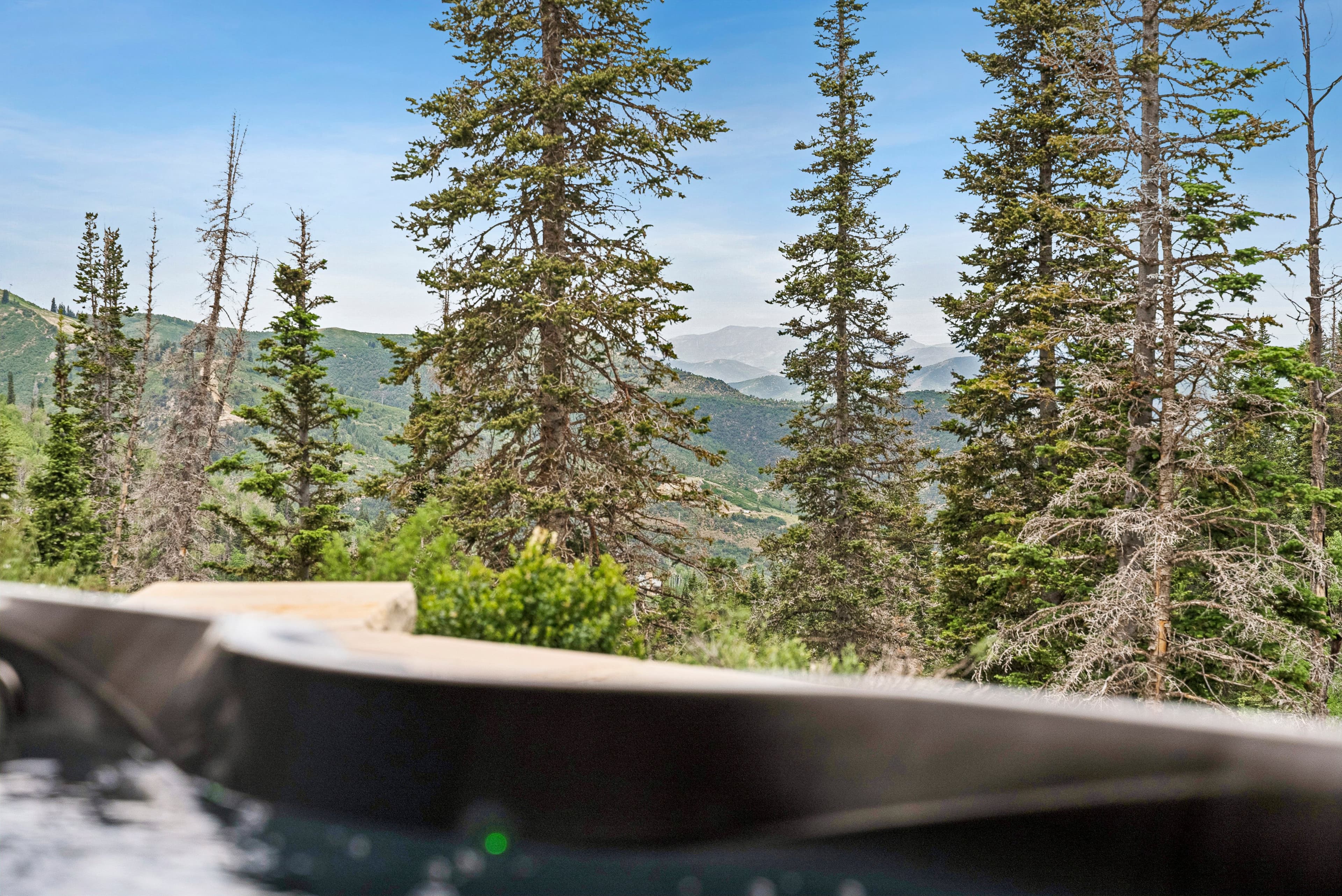 a view from inside the hot tub at grandview, you can see the trees and ski slopes